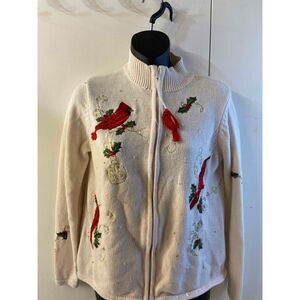 Tiara International Christmas Collection Cream Sweater Zipper Cardigan Red Cardi
